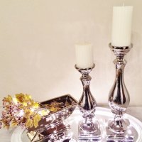 2 Größen Kerzenleuchter Kerzenständer Kerze Deko Keramik Dekoration Silber Schön