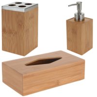 3-pc Bath Series Bamboo Stainless Steel Soap Dispenser Toothbrush Holder
